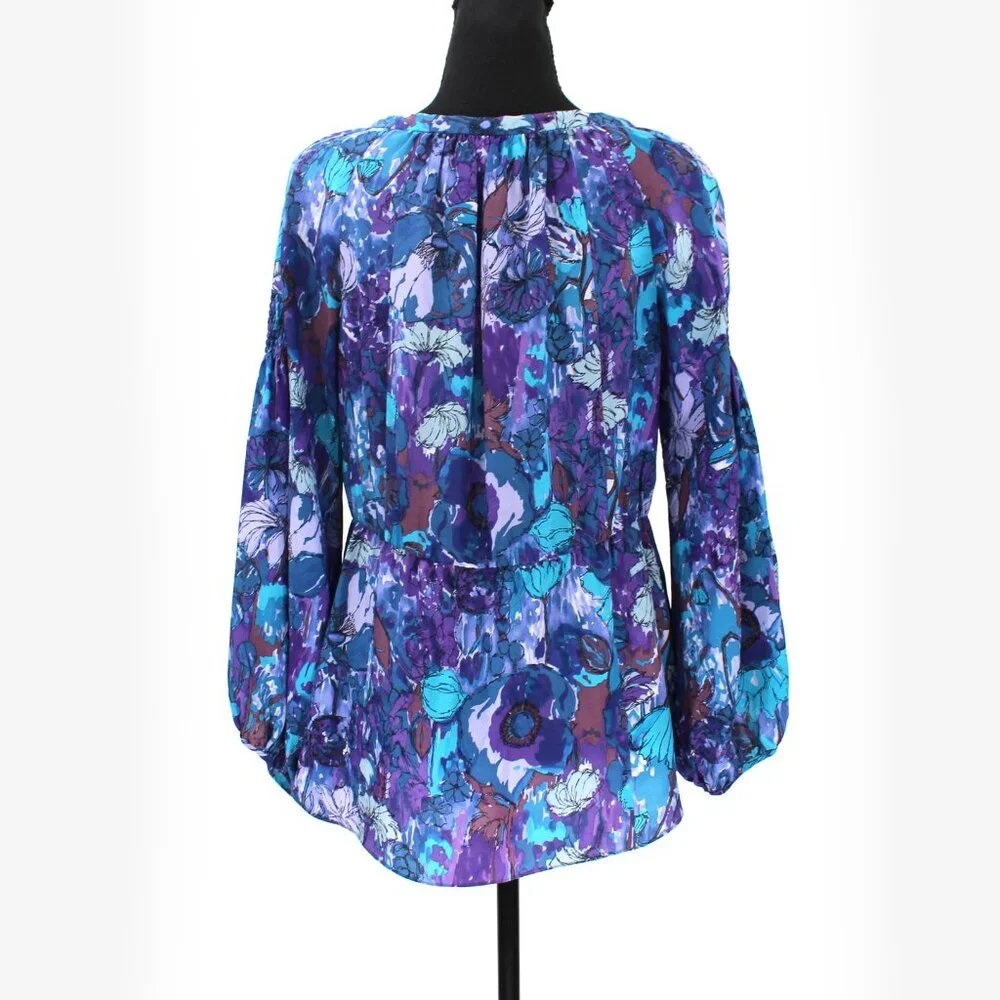Rebecca Taylor Silk Blue Purple Abstract Floral Print Blouse 8 Tie Neckline Top